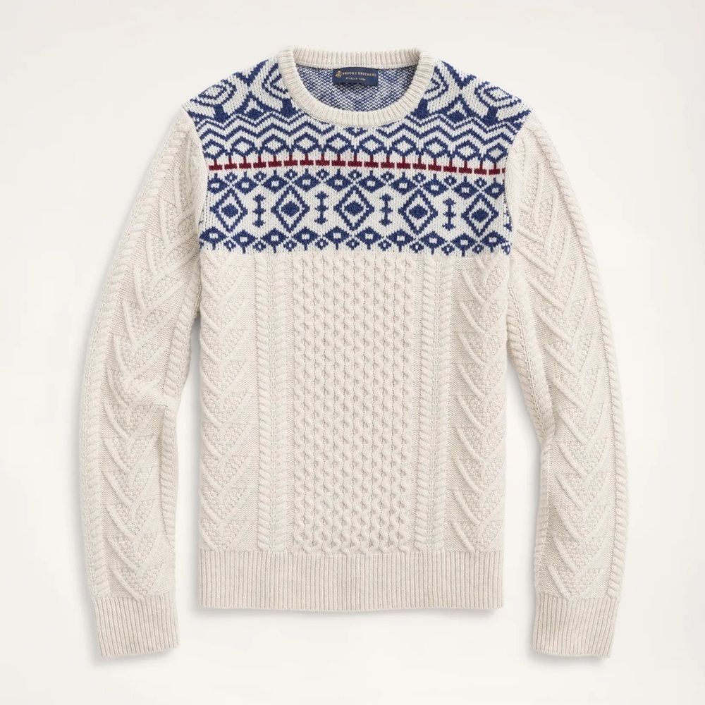 Brooks Brothers Aran Cable Fair Isle Sweater 100% Wool Men's Size XL